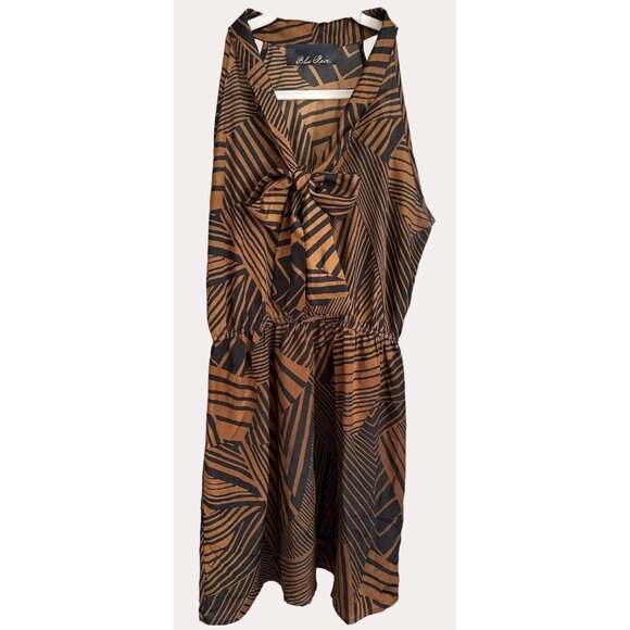 Blue Rain Chiffon Bow Tie Animal Print Elastic Waist Dress Black Brown L - Picture 1 of 6